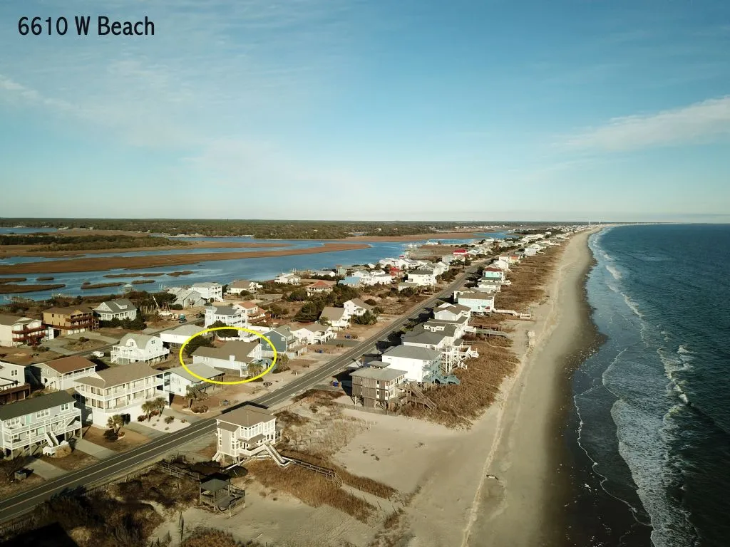 Aerial view of the west end of Oak Island, Big Blue circled